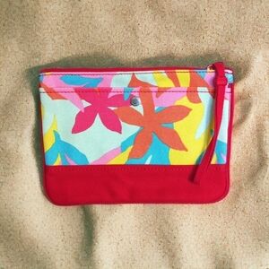 Lands' End Colorful Floral Canvas Zipper Pouch Tropical Medium Wristlet NWOT